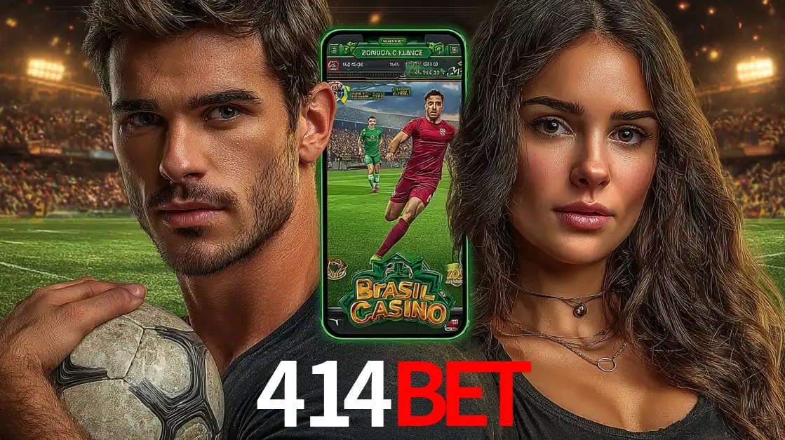 Homem segurando uma bola de futebol e uma mulher ao lado de um smartphone exibindo o jogo de apostas esportivas da 414BET. Faça seu palpite no cassino online.